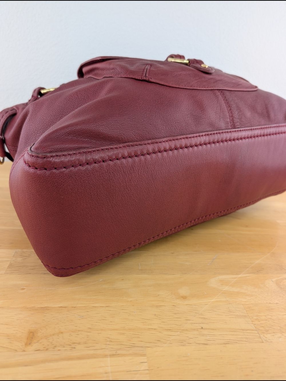 Sigrid Olsen Red Pebbled Leather Satchel Shoulder Bag Gold Stud Hardware Detail - Picture 4 of 16